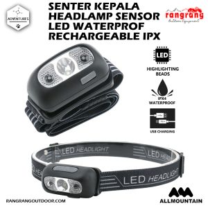 Senter Kepala SEnsor, Headlamp Sensor LED Waterproof Rechargeable IPX4 – Black